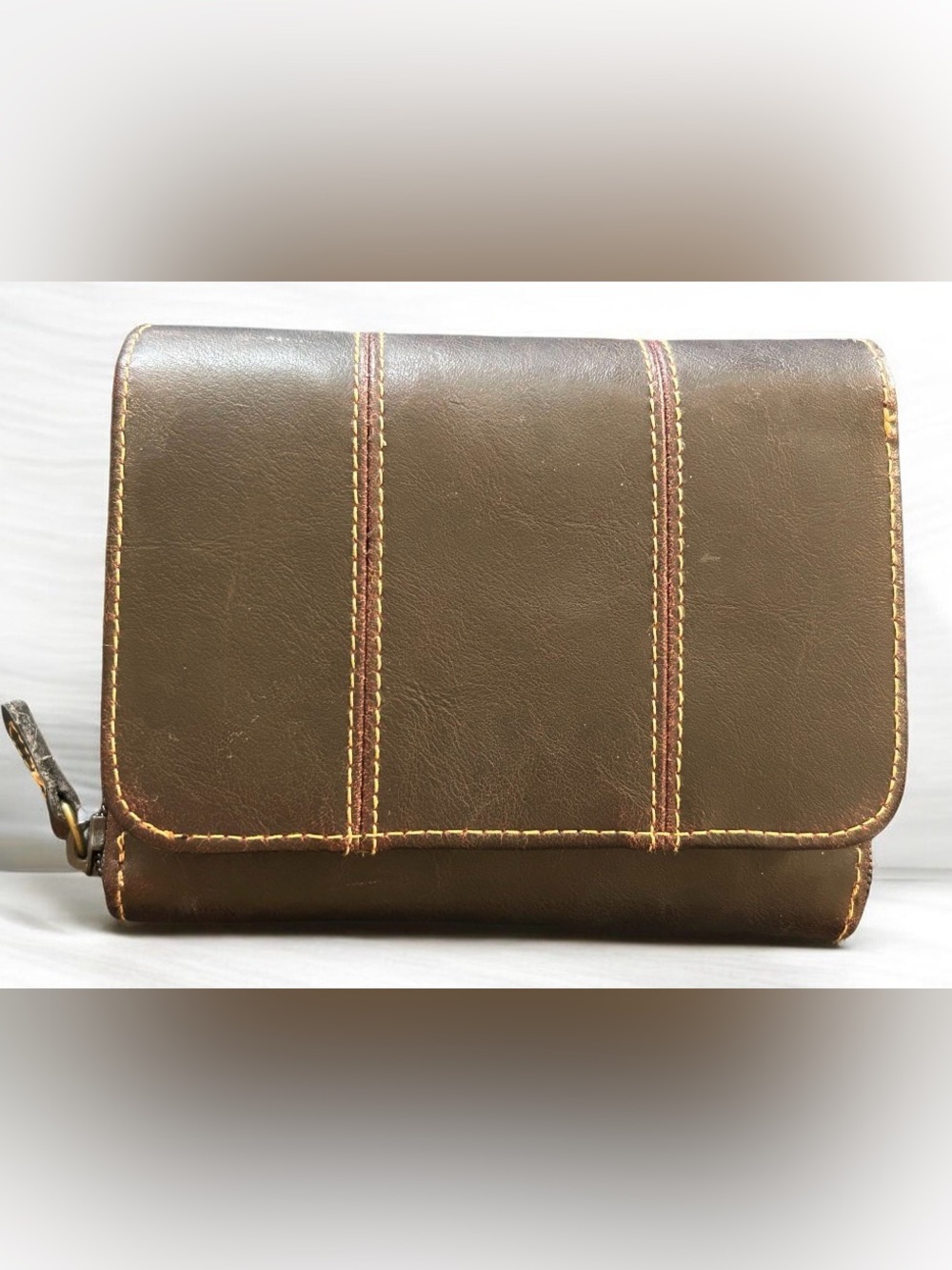 Dark Brown Faux Leather ID Wallet with Contrast Stitching & Extras
